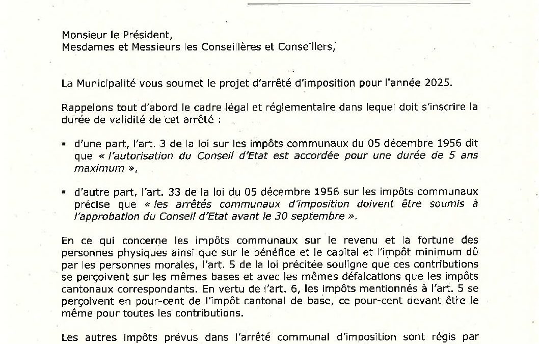 Préavis n° 01/2024-2025 relatif au projet d’arrêté communal d’imposition pour 2025
