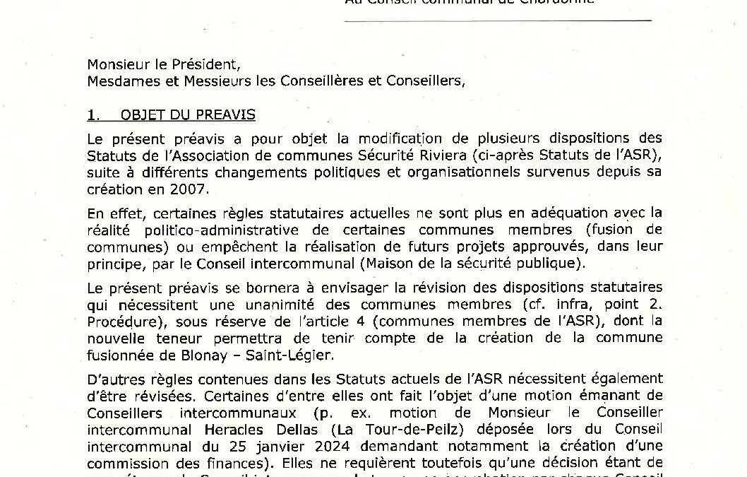Préavis n° 02/2024-2025 relatif à la révision partielle des Statuts de l’Association de communes Sécurité Riviera