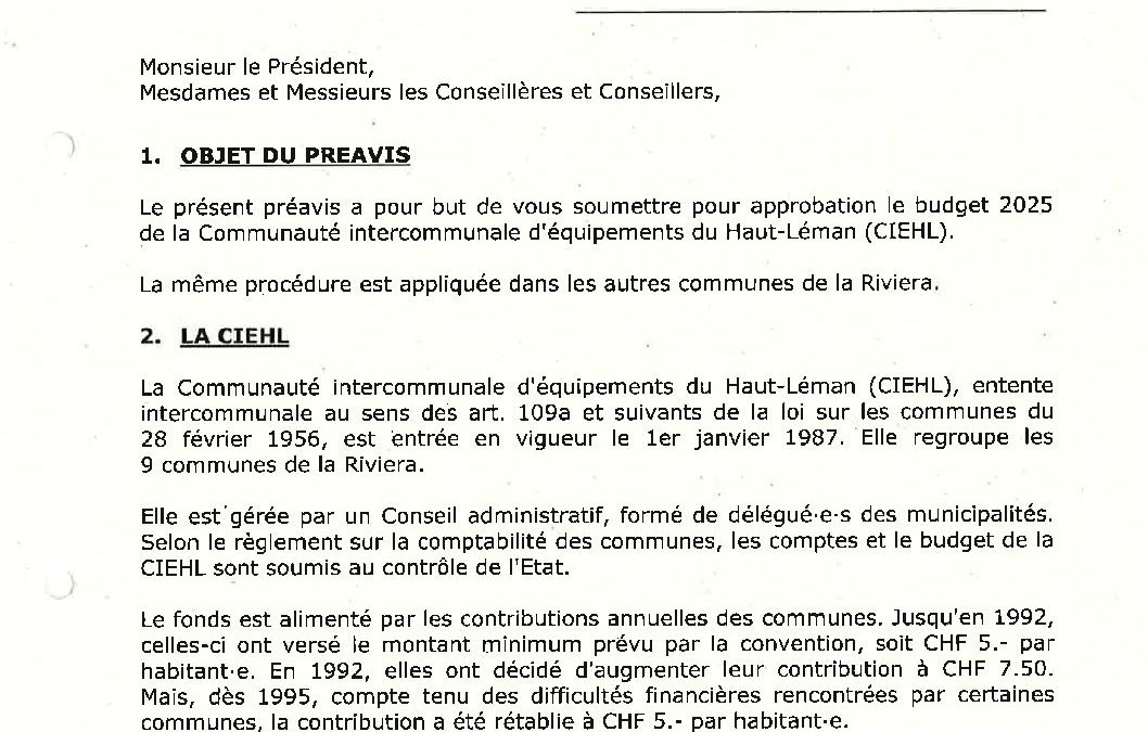 Préavis n° 03/2024-2025 relatif au budget 2025 de la Communauté intercommunale d’équipements du Haut-Léman (CIEHL)