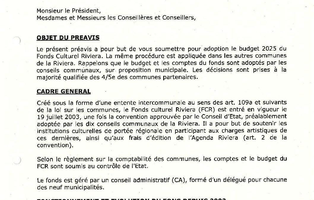 Préavis n° 04/2024-2025 relatif au budget 2025 du Fonds culturel Riviera