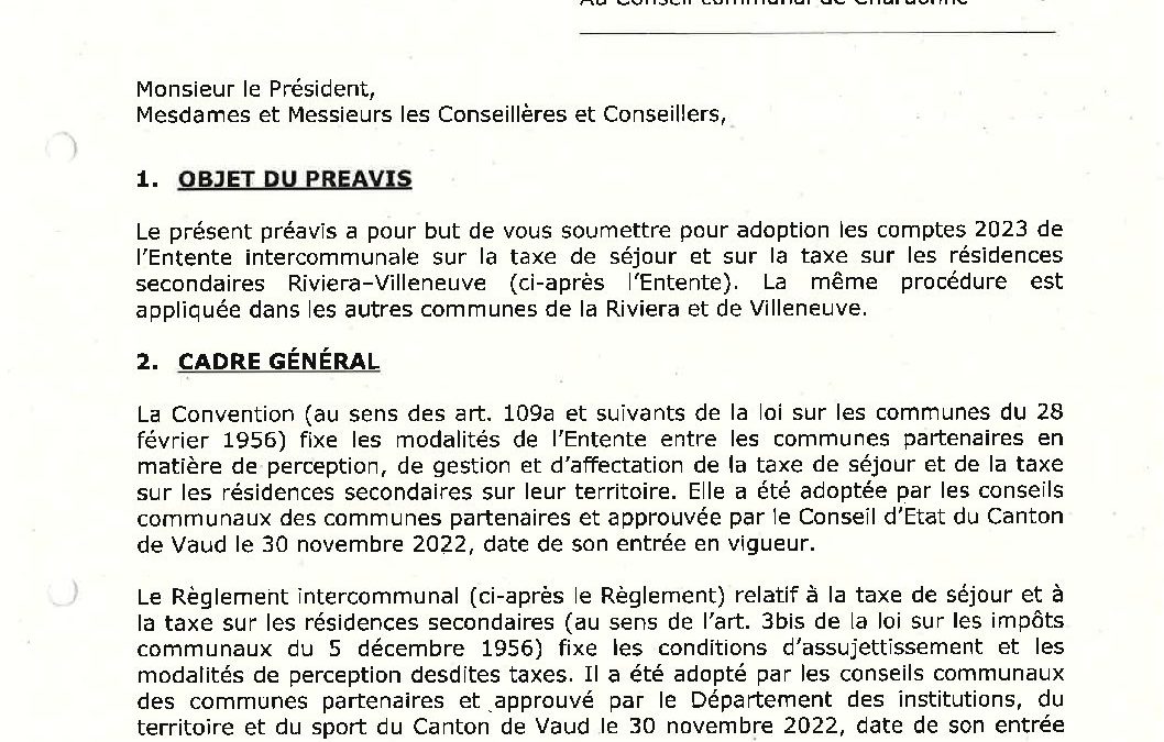 Préavis n° 05/2024-2025 relatif aux comptes 2023 de l’Entente intercommunale sur la taxe de séjour et sur la taxe sur les résidences secondaires Riviera-Villeneuve