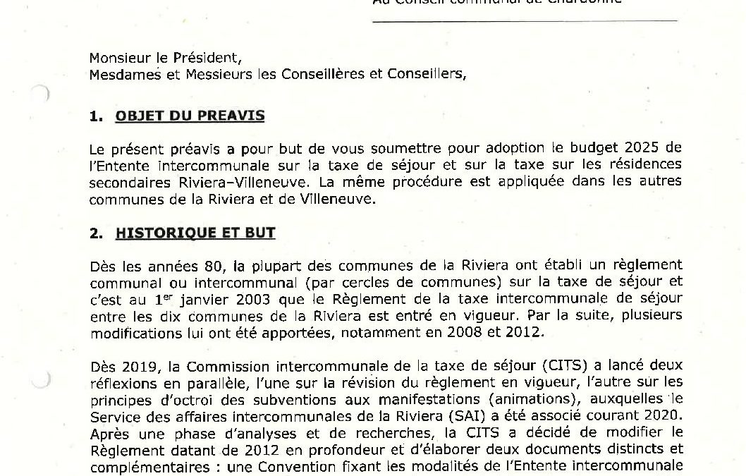 Préavis n° 06/2024-2025 relatif au budget 2025 de l’Entente intercommunale sur la taxe de séjour et sur la taxe sur les résidences secondaires Riviera-Villeneuve