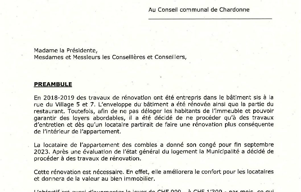 Préavis n° 07/2023-2024 relatif à une demande de crédit de CHF 86’316.80 pour la rénovation d’un appartement à la rue du Village 7