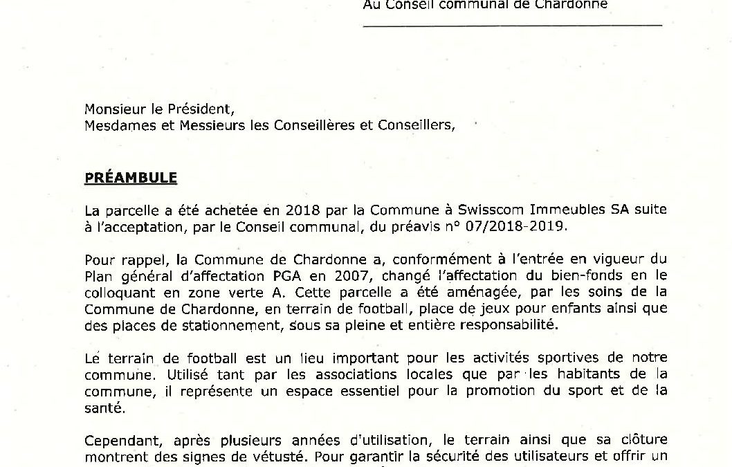 Préavis n° 08/2024-2025 relatif à la demande de crédit de CHF 112’959.95 pour la rénovation de la clôture et du terrain de football situé sur la parcelle n° 2173, au chemin des Roches