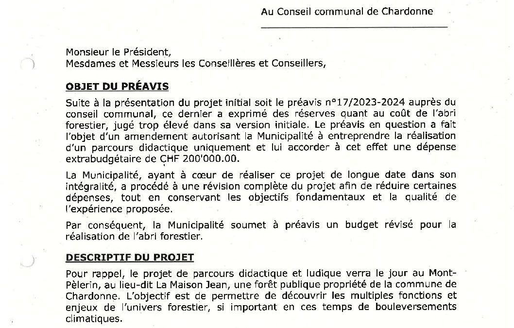 Préavis n° 09/2024-2025 relatif à une demande de crédit de CHF 370’000.- pour la construction d’un abri forestier