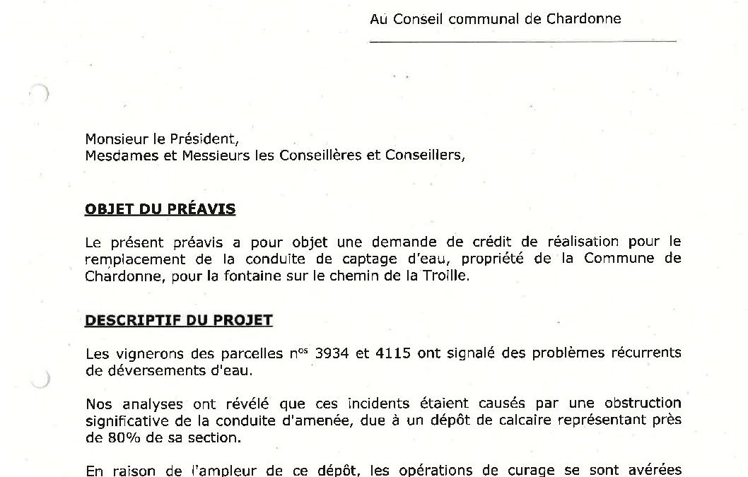 Préavis n° 10/2024-2025 relatif à une demande de crédit de réalisation de CHF 59’000.- pour le remplacement de la conduite de captage d’eau, propriété de la Commune de Chardonne, pour la fontaine sur le chemin de la Troille
