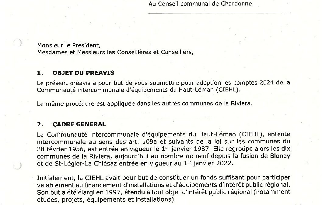 Préavis n° 13/2024-2025 relatif aux comptes 2024 de la Communauté intercommunale d’équipements du Haut-Léman (CIEHL)