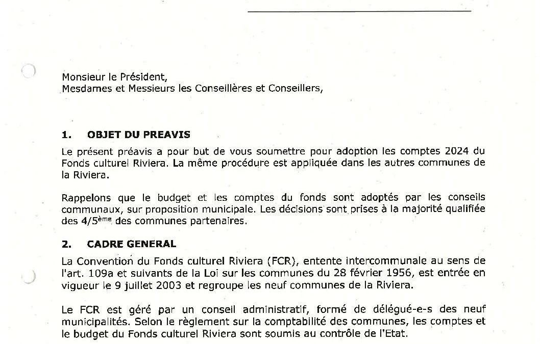 Préavis n° 14/2024-2025 relatif aux comptes 2024 du Fonds culturel Riviera