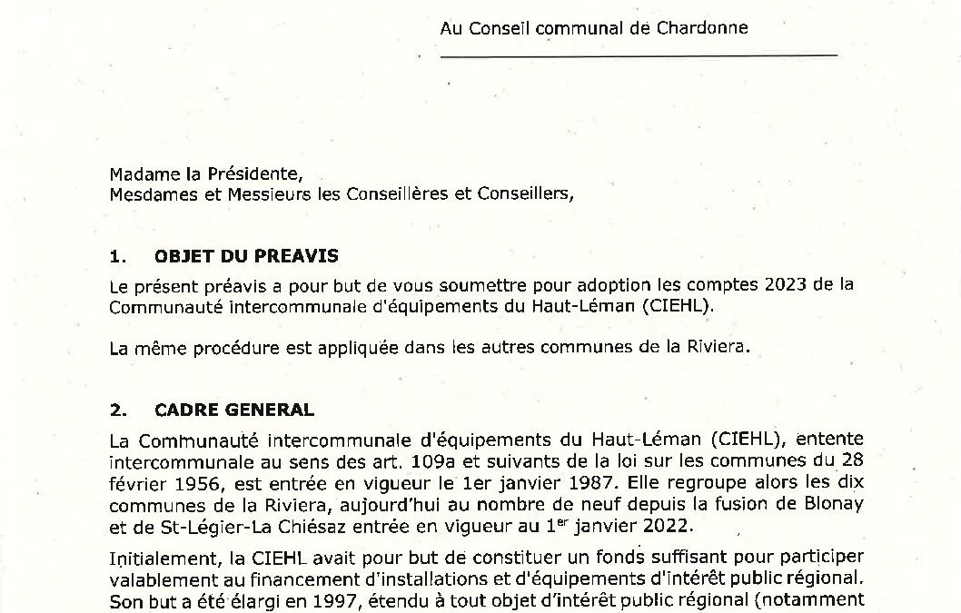 Préavis n°15/2023-2024 relatif à la gestion et les comptes 2023 de la Communauté intercommunale d’équipements du Haut-Léman (CIEHL)