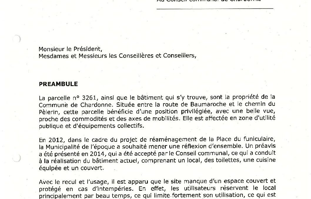 Préavis n° 15/2024-2025 relatif à une demande de crédit de CHF 244’720.00 pour l’installation d’un couvert à l’Espace Cendrillon