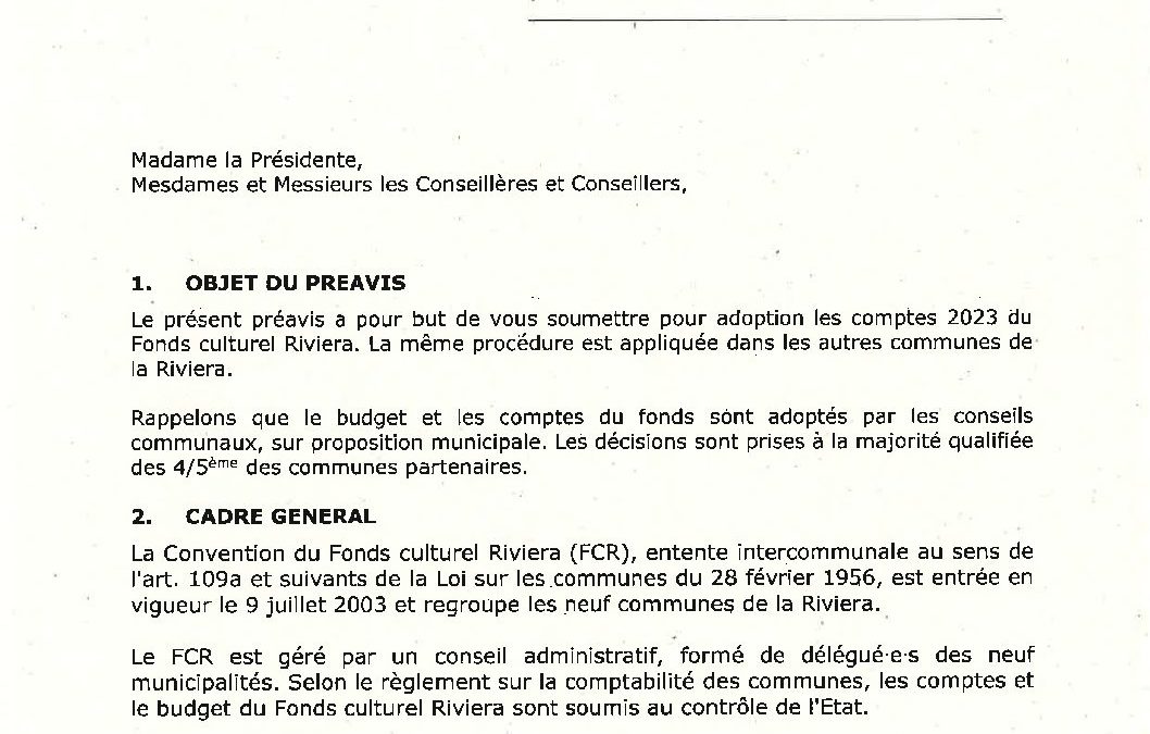 Préavis n°16/2023-2024 relatif aux comptes 2023 du Fonds culturel Riviera
