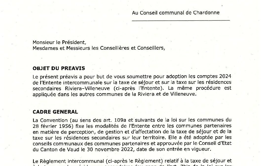 Préavis n° 16/2024-2025 relatif aux comptes 2024 de l’Entente intercommunale sur la taxe de séjour et sur la taxe sur les résidences secondaires Riviera-Villeneuve