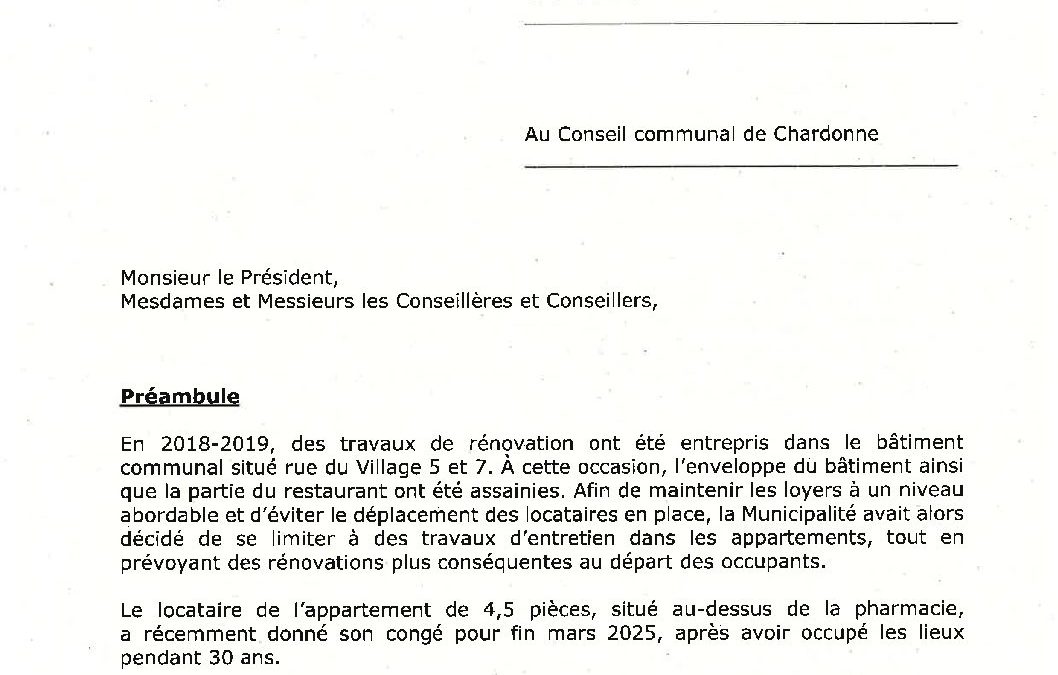 Préavis n° 17/2024-2025 relatif à une demande de crédit de CHF 310’000.00 concernant la rénovation complète de l’appartement de 4,5 pces et le remplacement du sol des 4 chambres de l’appartement de 5 pces à la Rue du Village 5, propriété de la Commune de Chardonne