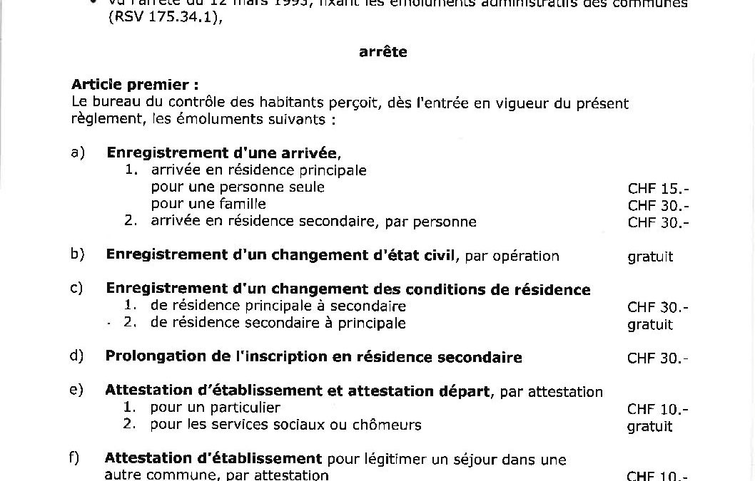Règlement et tarif des émoluments du Contrôle des habitants de Chardonne